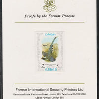 Ajman 1971 Exotic Birds - Blue Magpie 7Dh imperf mounted on Format International proof card as Mi 883B