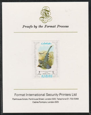 Ajman 1971 Exotic Birds - Blue Magpie 7Dh imperf mounted on Format International proof card as Mi 883B