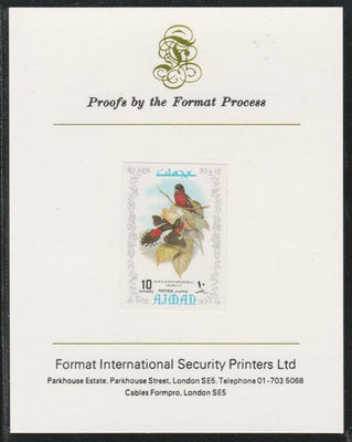 Ajman 1971 Exotic Birds - Black & Red Broadbill 10Dh imperf mounted on Format International proof card as Mi 884B