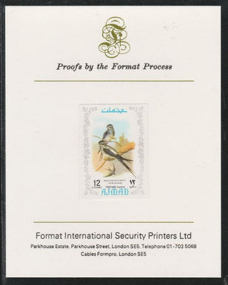 Ajman 1971 Exotic Birds - Moustached Treeswift 12Dh imperf mounted on Format International proof card as Mi 885B