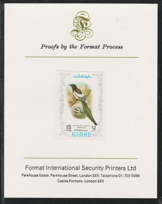 Ajman 1971 Exotic Birds - Eurasian Magpie 15Dh imperf mounted on Format International proof card as Mi 886B