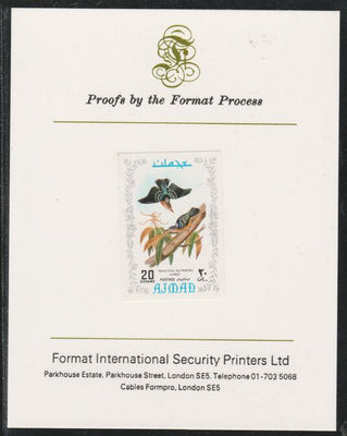 Ajman 1971 Exotic Birds - Beautiful Nuthatch 20Dh imperf mounted on Format International proof card as Mi 887B
