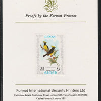 Ajman 1971 Exotic Birds - Sultan Tit 25Dh imperf mounted on Format International proof card as Mi 888B