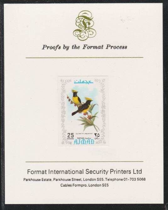 Ajman 1971 Exotic Birds - Sultan Tit 25Dh imperf mounted on Format International proof card as Mi 888B