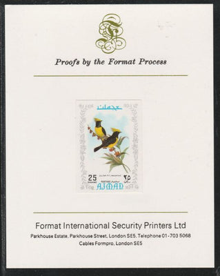Ajman 1971 Exotic Birds - Sultan Tit 25Dh imperf mounted on Format International proof card as Mi 888B