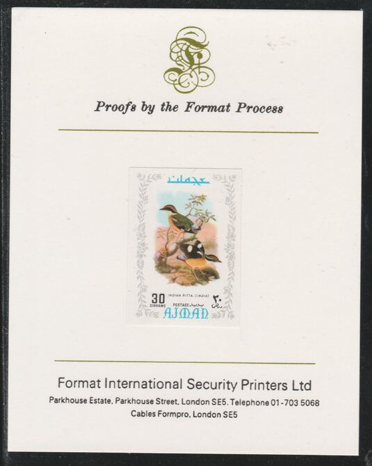Ajman 1971 Exotic Birds - Indian Pitta 30Dh imperf mounted on Format International proof card as Mi 889B
