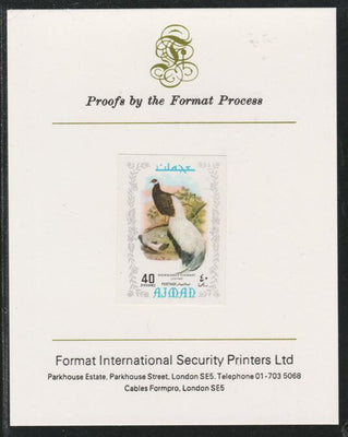 Ajman 1971 Exotic Birds - Brown-Eared Pheasant 40Dh imperf mounted on Format International proof card as Mi 890B