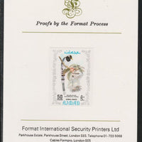 Ajman 1971 Exotic Birds - Gold-Billed Magpie 50Dh imperf mounted on Format International proof card as Mi 891B