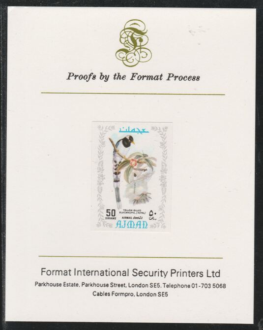 Ajman 1971 Exotic Birds - Gold-Billed Magpie 50Dh imperf mounted on Format International proof card as Mi 891B