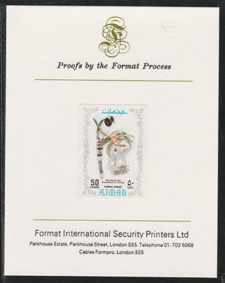 Ajman 1971 Exotic Birds - Gold-Billed Magpie 50Dh imperf mounted on Format International proof card as Mi 891B