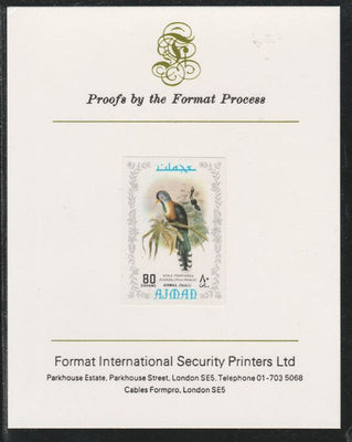 Ajman 1971 Exotic Birds - Scale-Feathered Makoha 80Dh imperf mounted on Format International proof card as Mi 892B