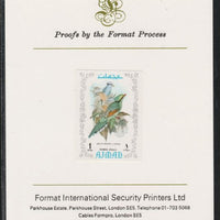 Ajman 1971 Exotic Birds - Green Magpie 1R imperf mounted on Format International proof card as Mi 893B