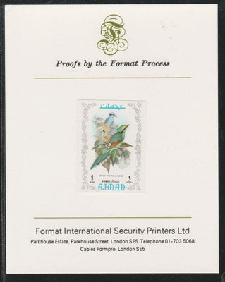 Ajman 1971 Exotic Birds - Green Magpie 1R imperf mounted on Format International proof card as Mi 893B