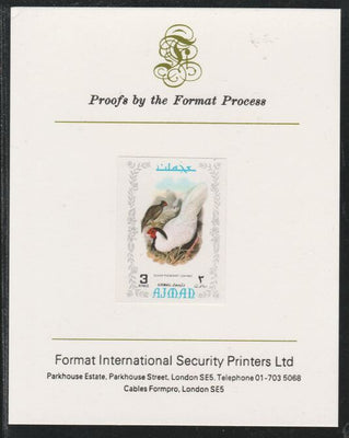Ajman 1971 Exotic Birds - Silver Pheasant 3R imperf mounted on Format International proof card as Mi 894B