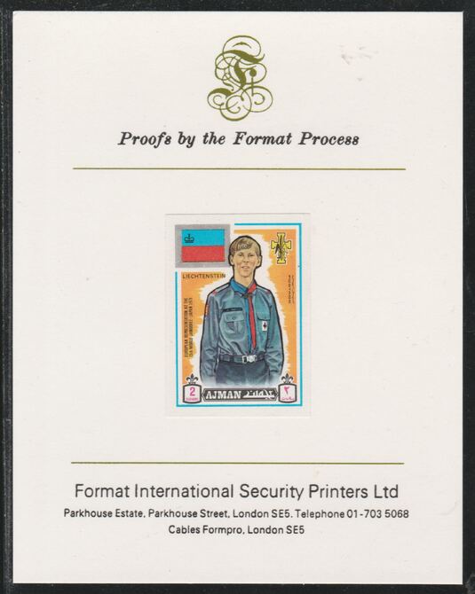 Ajman 1971 World Scouts - Liechtenstein 2Dh imperf mounted on Format International proof card as Mi 905B