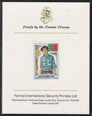 Ajman 1971 World Scouts - Portugal 3Dh imperf mounted on Format International proof card as Mi 906B