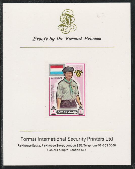 Ajman 1971 World Scouts - Luxemburg 7Dh imperf mounted on Format International proof card as Mi 908B