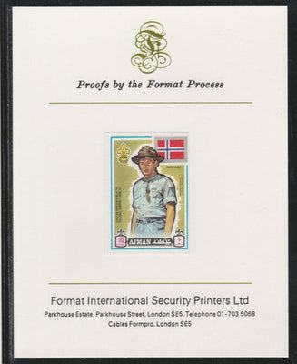 Ajman 1971 World Scouts - Norway 10Dh imperf mounted on Format International proof card as Mi 909B