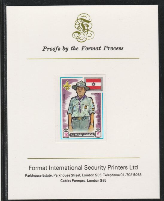 Ajman 1971 World Scouts - Austria 12Dh imperf mounted on Format International proof card as Mi 910B