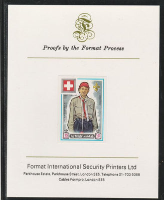 Ajman 1971 World Scouts - Switzerland 15Dh imperf mounted on Format International proof card as Mi 911B