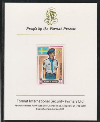 Ajman 1971 World Scouts - Sweden 20Dh imperf mounted on Format International proof card as Mi 912B