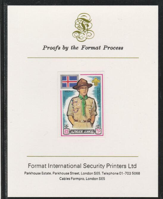 Ajman 1971 World Scouts - Iceland 25Dh imperf mounted on Format International proof card as Mi 913B