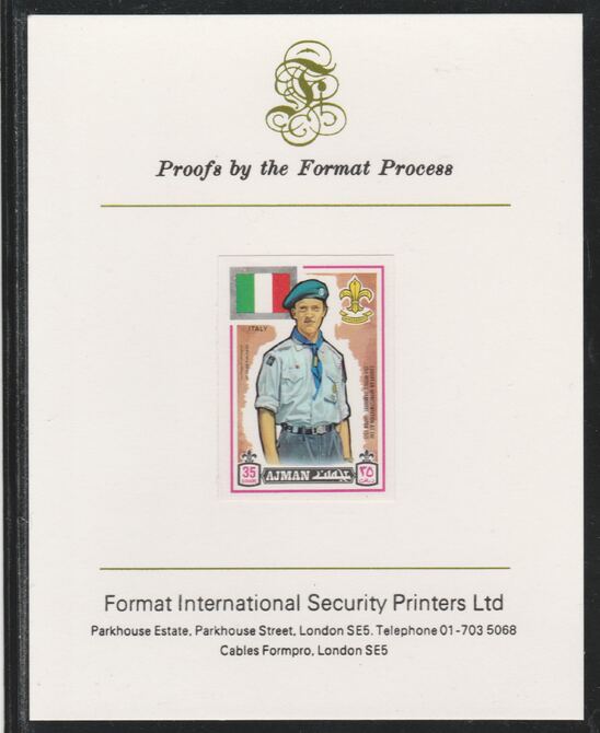 Ajman 1971 World Scouts - Italy 35Dh imperf mounted on Format International proof card as Mi 915B