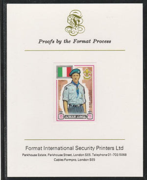 Ajman 1971 World Scouts - Italy 35Dh imperf mounted on Format International proof card as Mi 915B