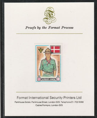 Ajman 1971 World Scouts - Denmark 40Dh imperf mounted on Format International proof card as Mi 916B