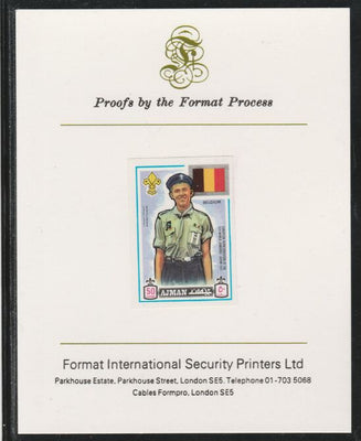 Ajman 1971 World Scouts - Belgium 50Dh imperf mounted on Format International proof card as Mi 917B