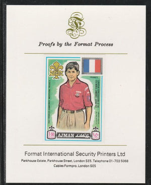 Ajman 1971 World Scouts - France 1.5R imperf mounted on Format International proof card as Mi 922B