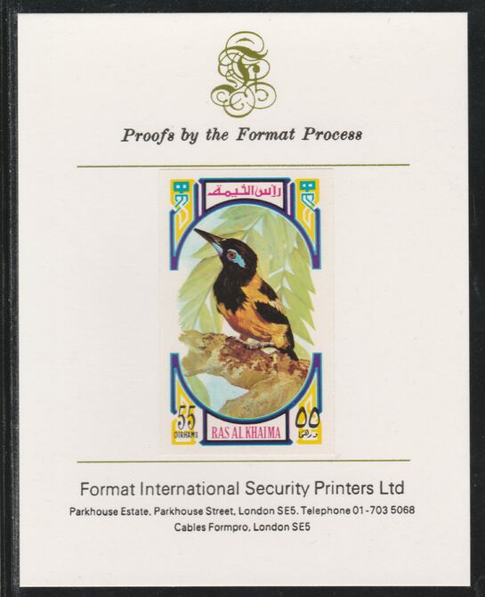 Ras Al Khaima 1972 Birds - Woodpecker 55Dh imperf mounted on Format International proof card as Mi 594B