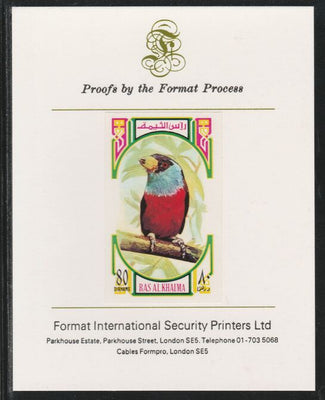 Ras Al Khaima 1972 Birds - Hawfinch 80Dh imperf mounted on Format International proof card as Mi 595B