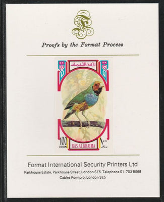 Ras Al Khaima 1972 Birds - Finch 100Dh imperf mounted on Format International proof card as Mi 596B