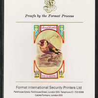 Ras Al Khaima 1972 Birds - Goldfinch 190Dh imperf mounted on Format International proof card as Mi 598B