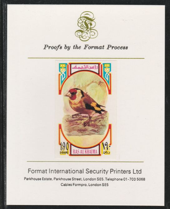 Ras Al Khaima 1972 Birds - Goldfinch 190Dh imperf mounted on Format International proof card as Mi 598B