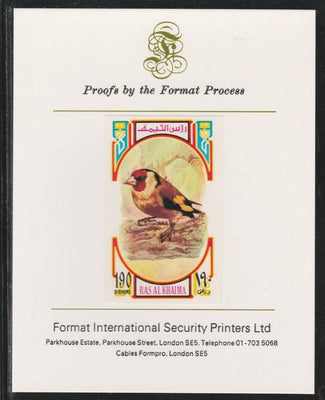 Ras Al Khaima 1972 Birds - Goldfinch 190Dh imperf mounted on Format International proof card as Mi 598B