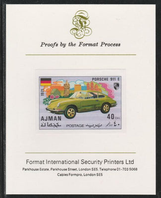 Ajman 1971 Modern Cars - Porsche 40Dh imperf mounted on Format International proof card as Mi 1172B