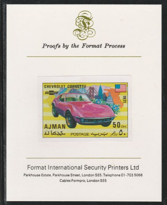 Ajman 1971 Modern Cars - Chevrolet 50Dh imperf mounted on Format International proof card as Mi 1173B