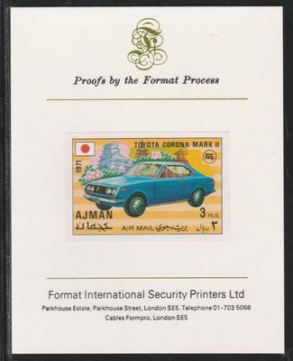 Ajman 1971 Modern Cars - Toyota 3R imperf mounted on Format International proof card as Mi 1174B