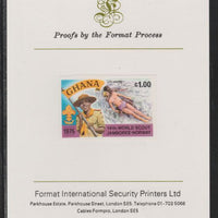 Ghana 1976 World Scout Jamboree 1c Life Saving imperf mounted on Format International proof card as SG 758