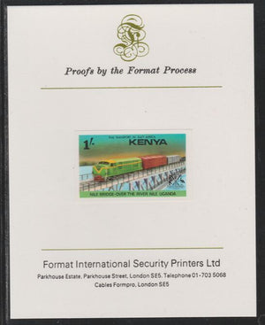 Kenya 1976 Railway Transport 1s Nile Bridge imperf mounted on Format International proof card as SG 67