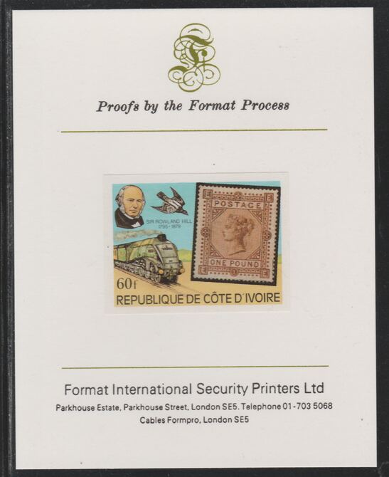 Ivory Coast 1979 Death Centenary of Rowland Hill (Stamps & Trains) 60f imperf mounted on Format International proof card as SG 594