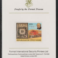 Ivory Coast 1979 Death Centenary of Rowland Hill (Stamps & Trains) 100f imperf mounted on Format International proof card as SG 596