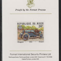 Niger Republic 1981 French Grand Prix 20f Peugeot imperf mounted on Format International proof card as SG 874