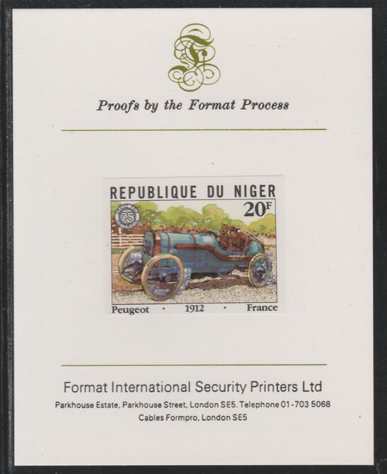 Niger Republic 1981 French Grand Prix 20f Peugeot imperf mounted on Format International proof card as SG 874