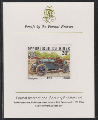 Niger Republic 1981 French Grand Prix 20f Peugeot imperf mounted on Format International proof card as SG 874