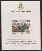 Niger Republic 1981 French Grand Prix 40f Bugatti imperf mounted on Format International proof card as SG 875
