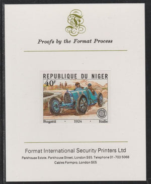 Niger Republic 1981 French Grand Prix 40f Bugatti imperf mounted on Format International proof card as SG 875