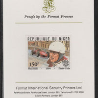 Niger Republic 1981 French Grand Prix 150f Phil Hill imperf mounted on Format International proof card as SG 878